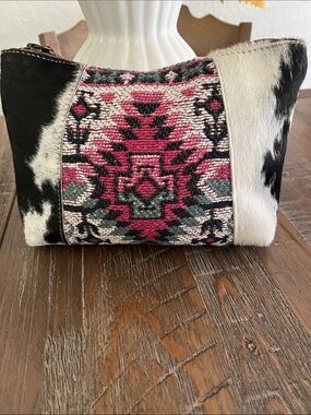 Myra Bag Handwoven Aztec Cosmetic Pouch in Pink, Teal & Black with Cowhide Trim